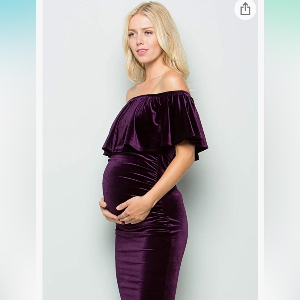 My bump maternity dress velvet ruffle off the shoulder purple large